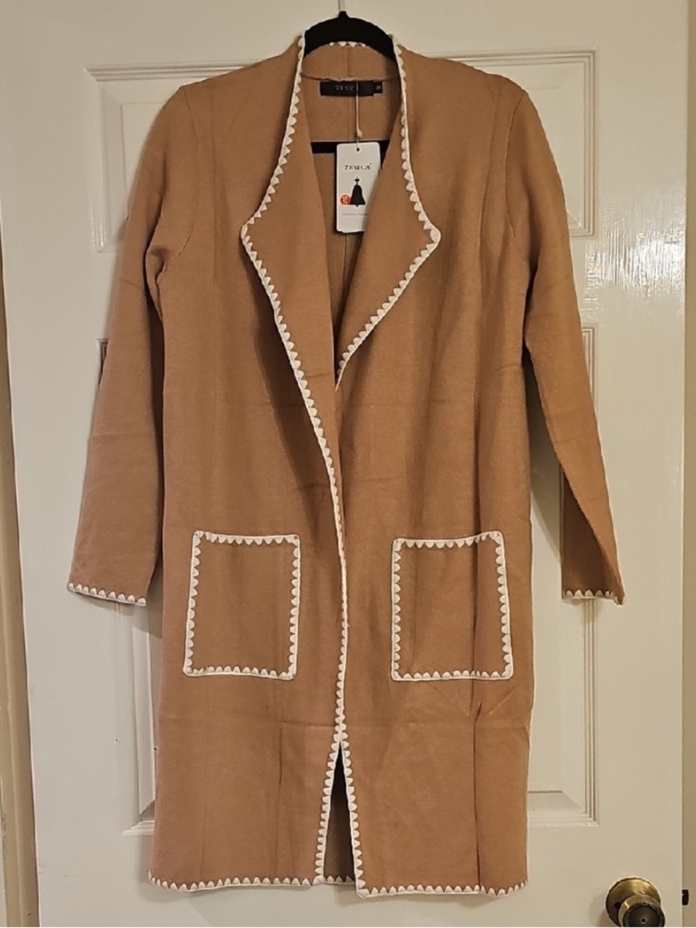 Open-Front Knit Coatigan with Contrast embroidered Trim